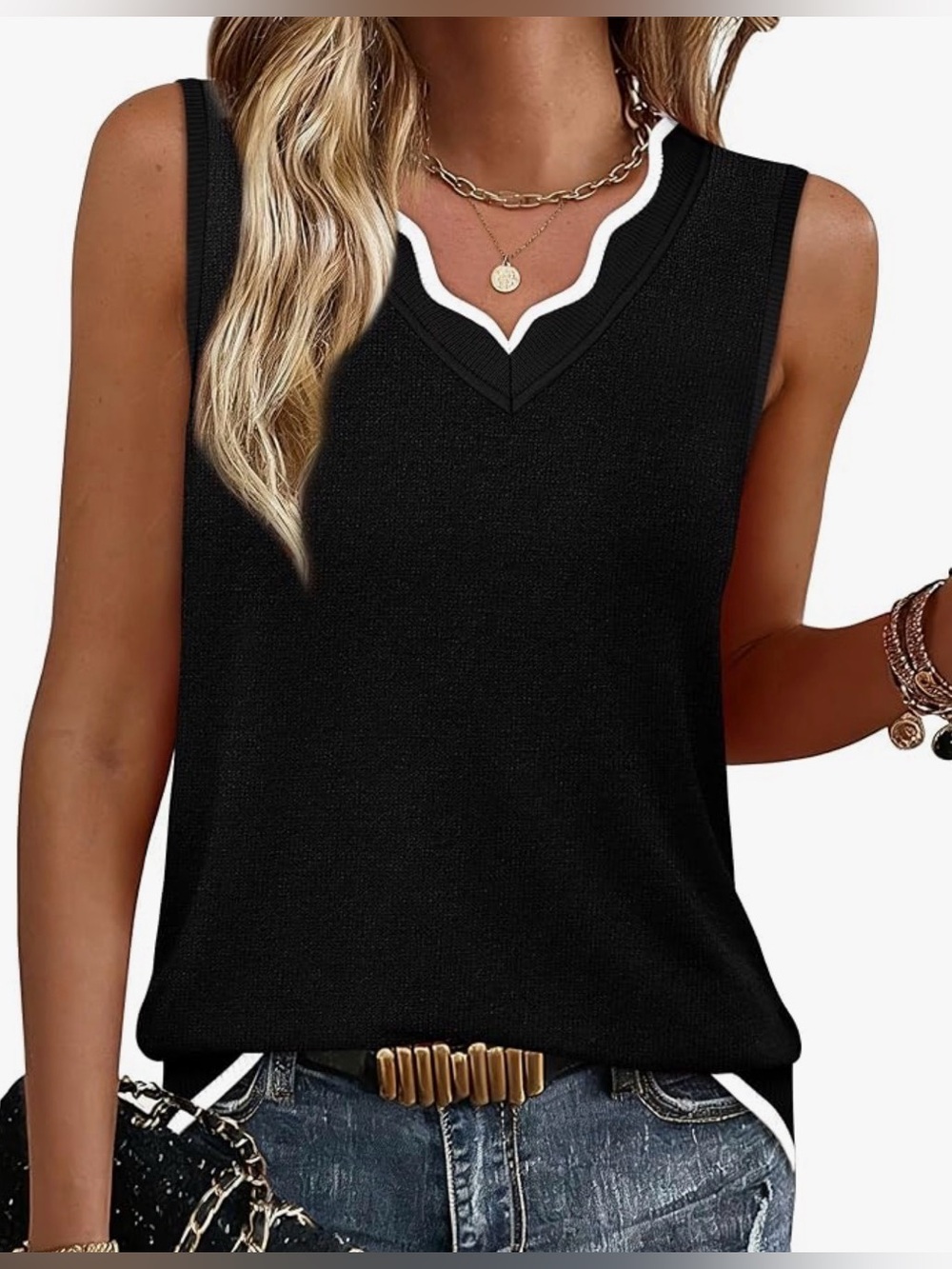 Black V-Neck Sleeveless Tank with White Contrast Trim